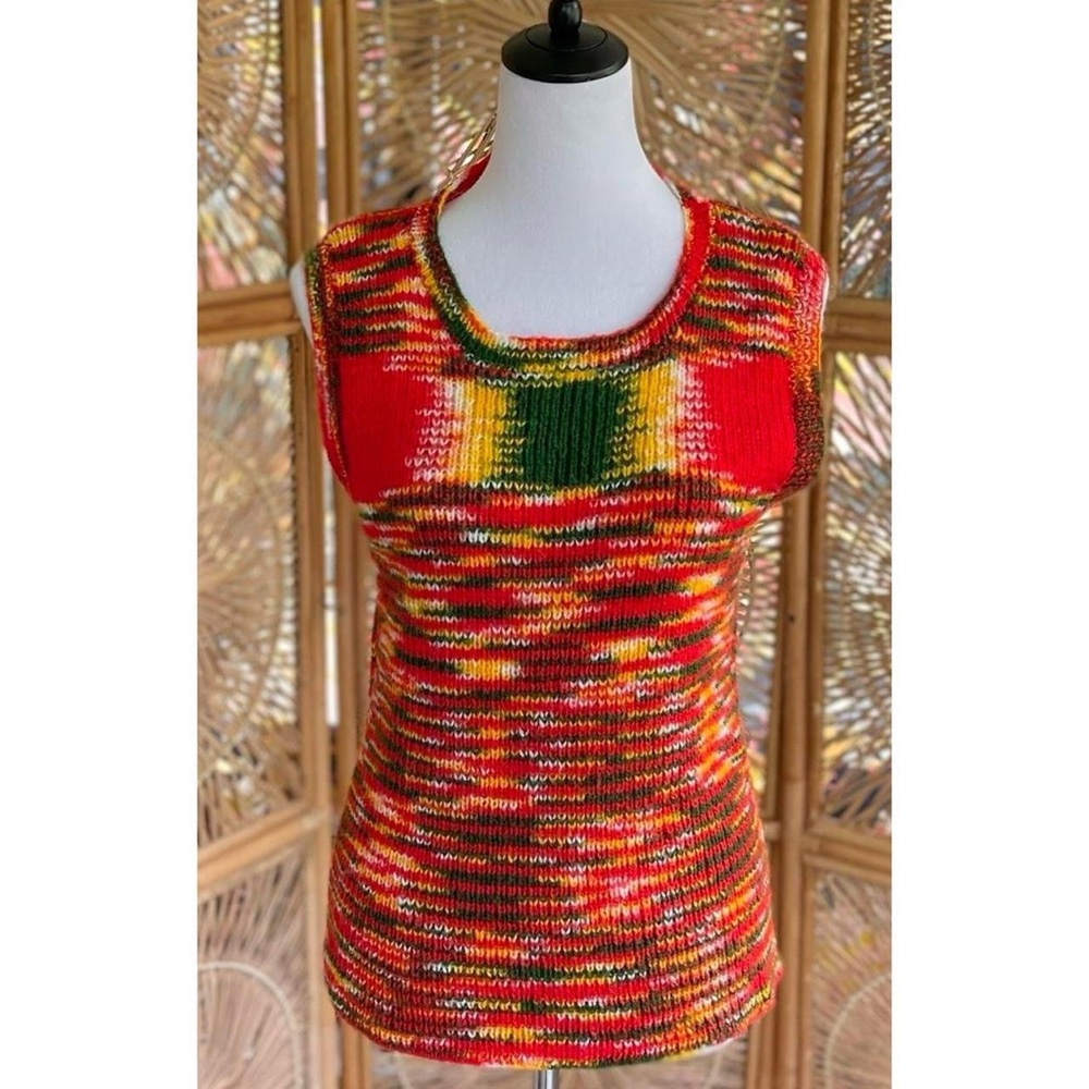 Vintage Handmade Retro 70s Red Green Yellow Knit Sleeveless Sweater Vest - Picture 2 of 5